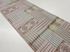 短冊に縞・花模様織出し洒落全通袋帯